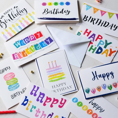 120 Happy Birthday Cards Bulk, Blank Inside with Envelopes and Stickers, 10 Unique Design Notes for Office, Business, Employees and Personal 4x6 Inch