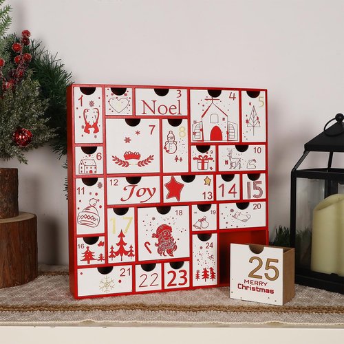 Juegoal Red Advent Calendar - 11.8 Inch Wooden Christmas Countdown with 25 Large Drawers | Hand-Painted Holiday Decor