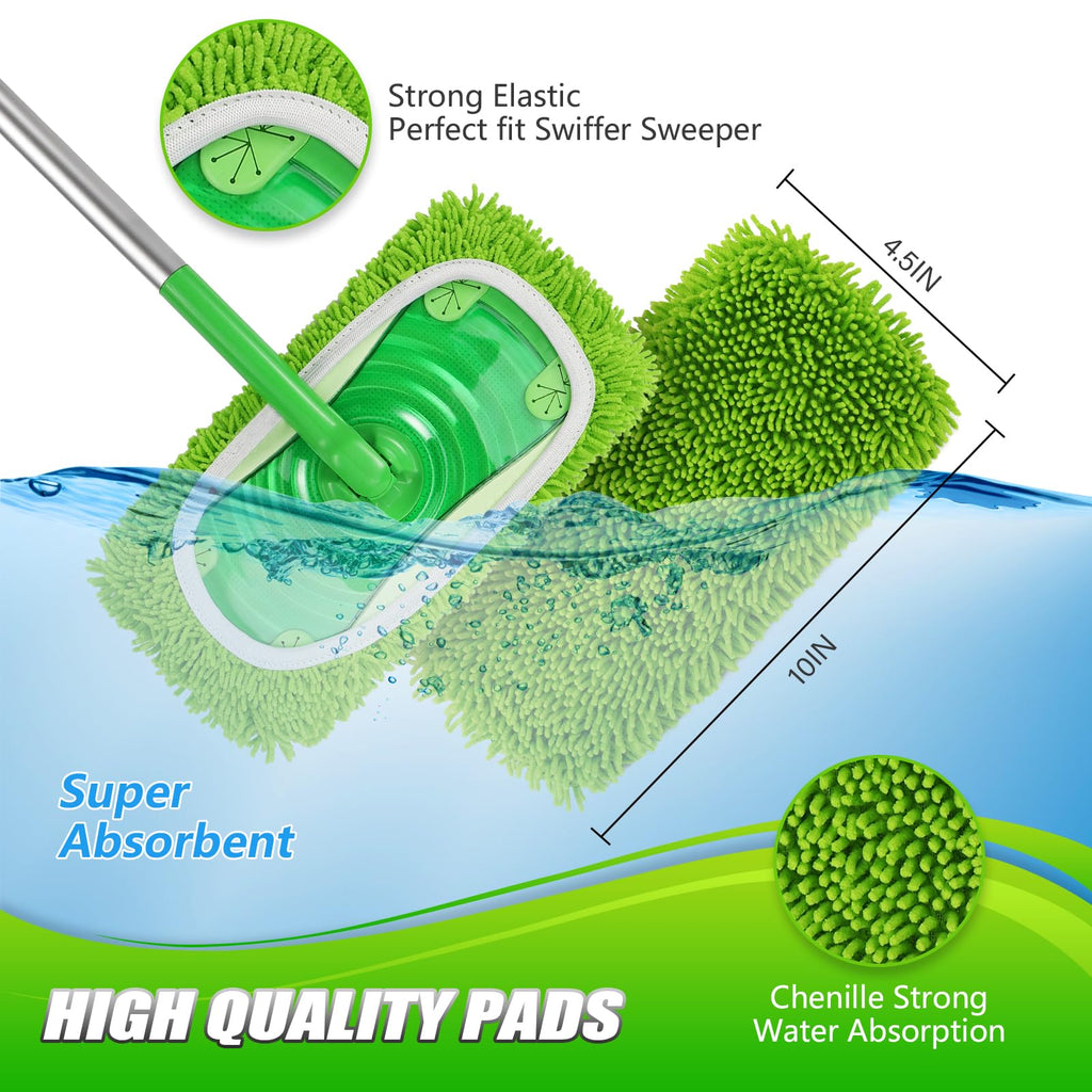 Set of 4 Reusable Microfiber Mop Pads Compatible with Swiffer Sweeper, Dry Sweeping Cloths, Washable Wet Mopping Cloth Refills for Floor Cleaning (Mop is Not Included) (4 Pack, Green)