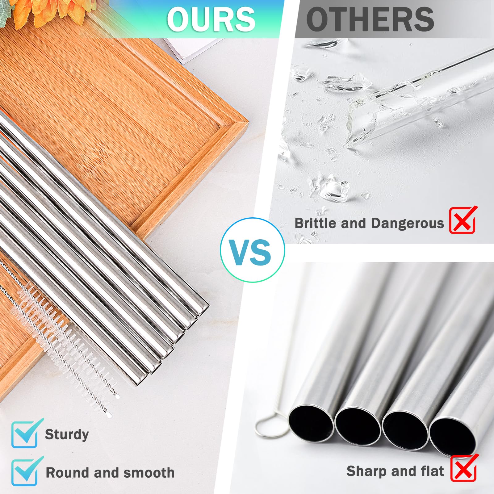 LUCKINEE 6pc Stainless Steel Straws Reusable for Stanley Tumbler 40 oz, 12 Inch Metal Straight Replacement Straw with Silicone Tips, Straw Covers and Cleaning Brushes
