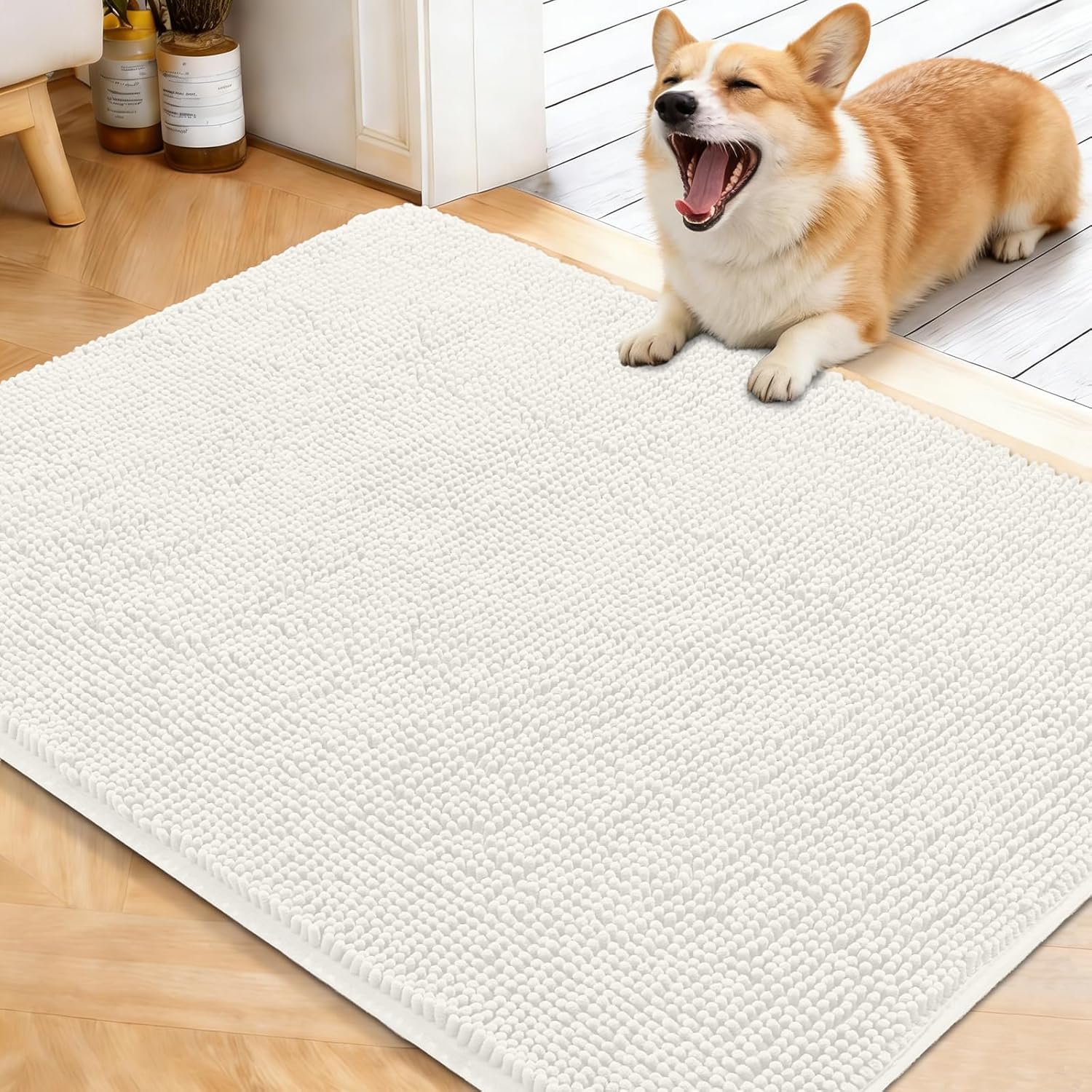 OLANLY Dog Door Mat - Absorbent Non-Slip Chenille Mat for Muddy Paws | 40x32 Inches, Ivory Color