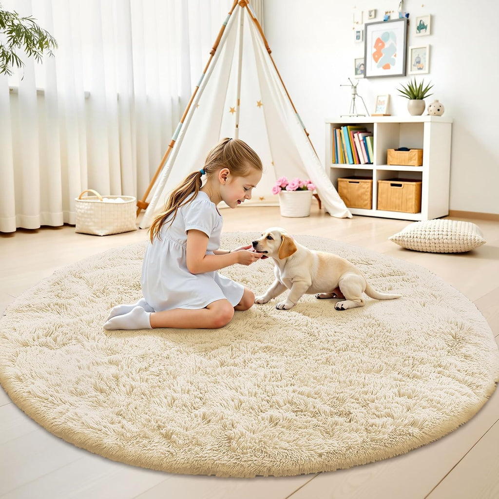 OLANLY Round Cream Area Rug - Soft, Fluffy, Machine Washable 6 ft Circle Carpet for Bedroom & Living Room Decor