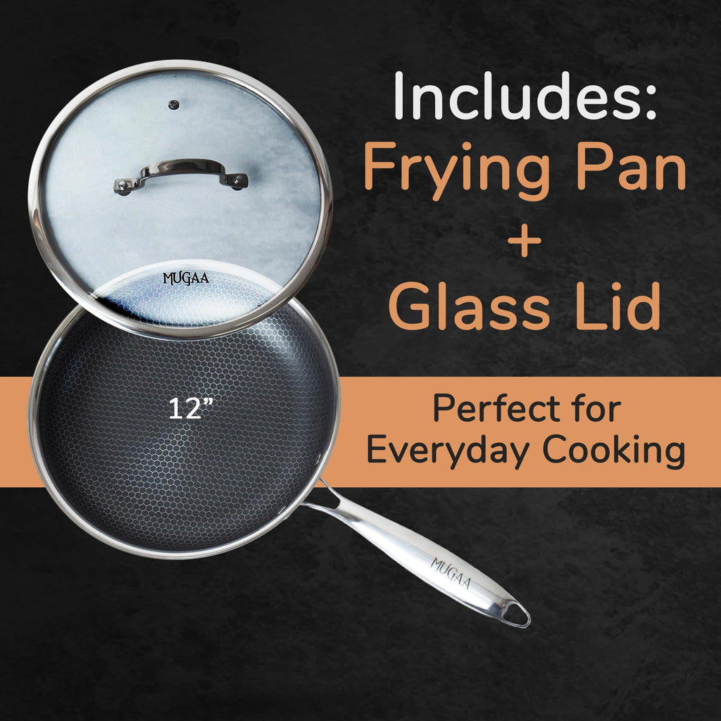MUGAA 12 Inch Stainless Steel Frying Pan with Lid - Honeycomb Nonstick Skillet - PFOA-Free - Induction Compatible - Oven Safe to 450°F - Dishwasher Safe