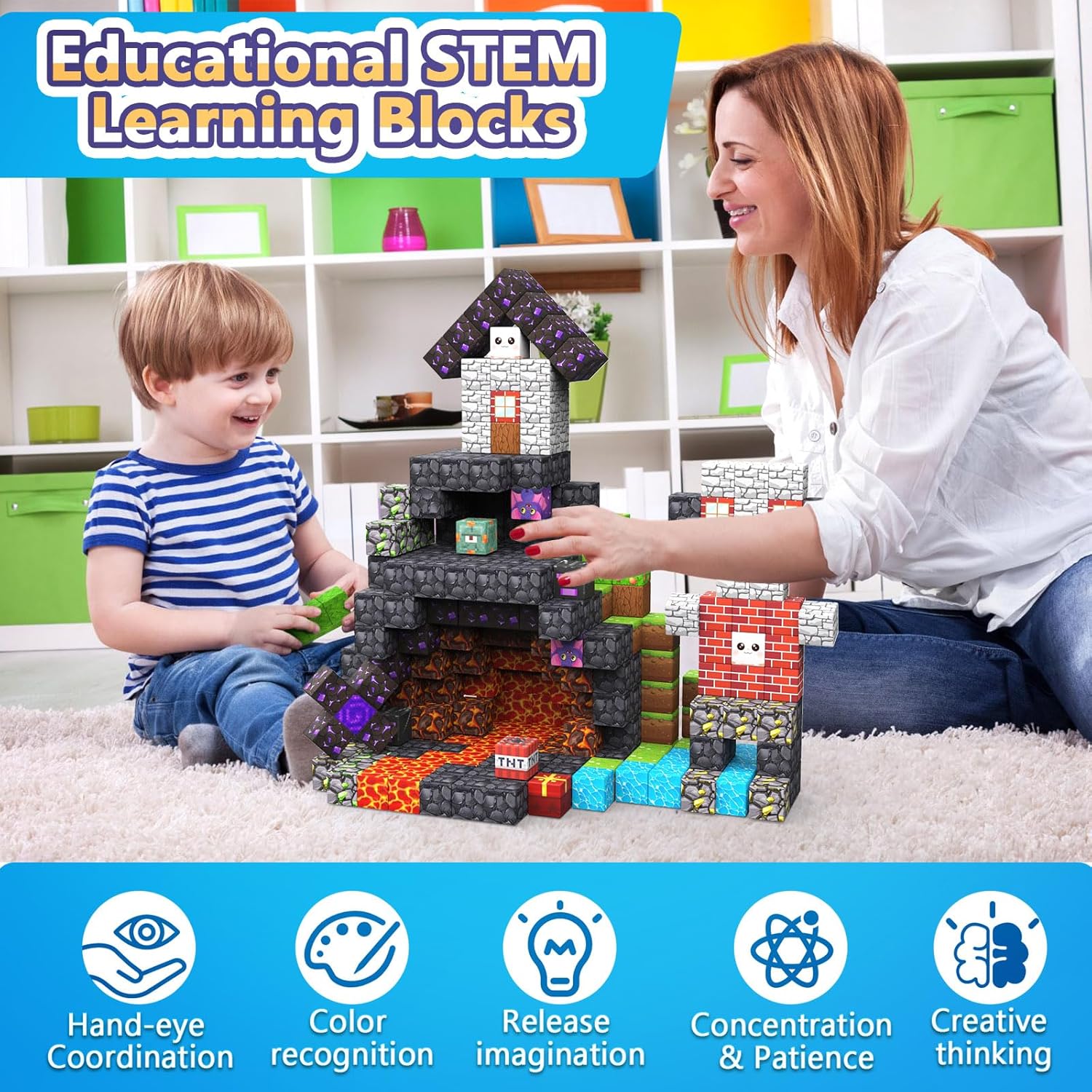 Magnetic Blocks by Skiennix - 150PCS Stacking Building Tiles for STEM Play | Perfect Birthday Gift for Ages 3-12