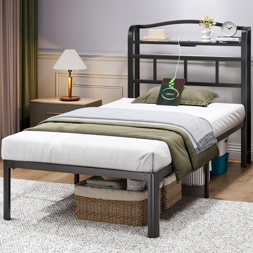 HAVONIZD Twin Bed Frame - Storage Headboard with Charging Station, 14 Inch Sturdy Metal Platform Bed Frame No Box Spring Needed, Easy Assembly, No Noise, Black