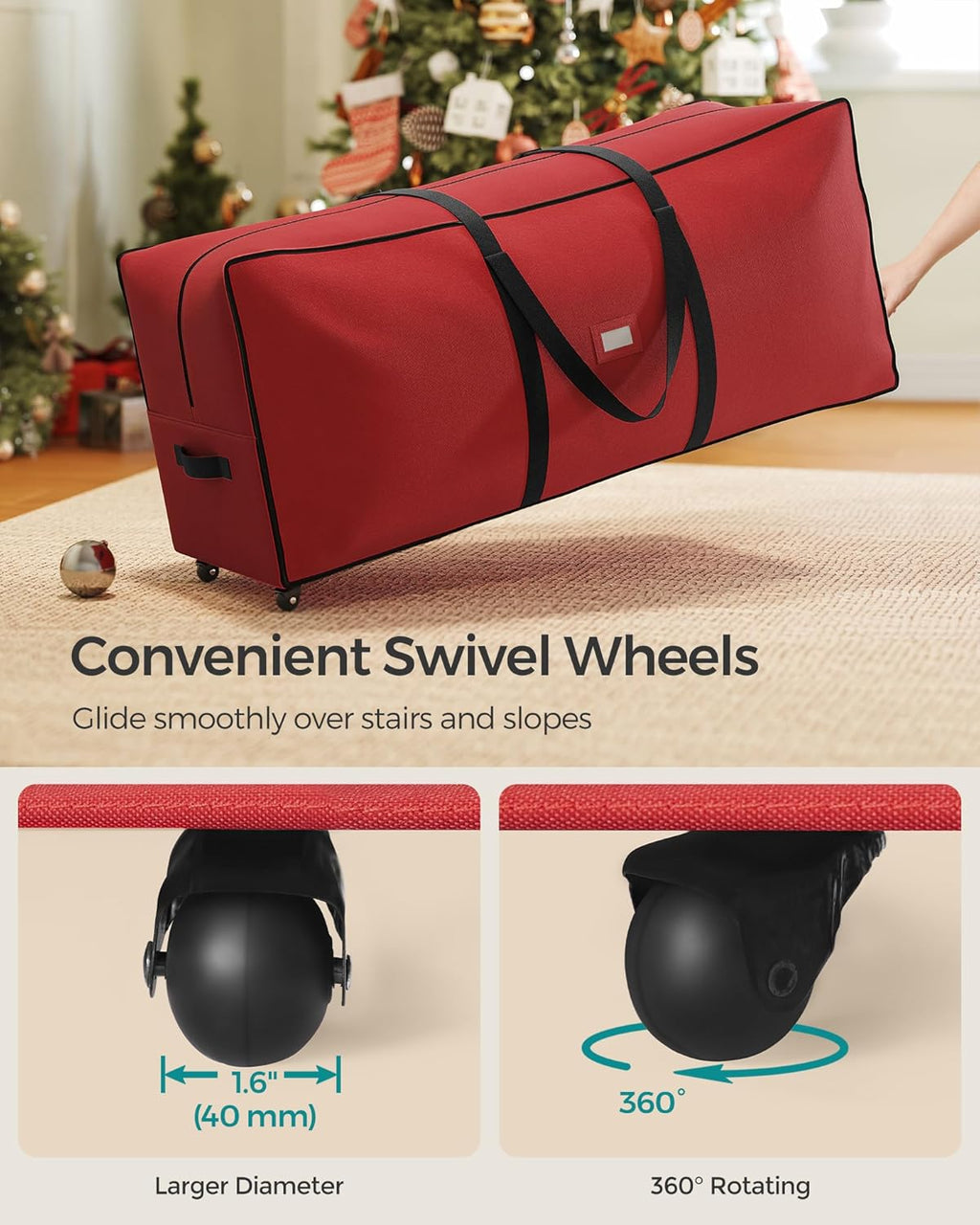 SONGMICS Christmas Tree Storage Bag - Rolling Design with 1.6-Inch Wheels | Fits Up to 7.5 ft Trees, Cherry Red