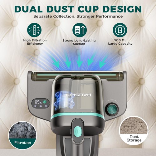 HAUSHOF Mattress Vacuum Cleaner, 15Kpa Bed Vacuum Cleaner with 275nm UV-C Light, 140°F Heat, Aromatherapy, HEPA Filter, Dual Dust Cups, Versatile Handheld Vacuums for Bed, Sofa, Couch, Crib