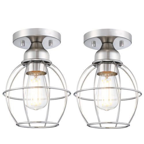 GRUENLICH Semi Flush Mount Ceiling Light Fixture for Outdoor and Indoor, E26 Medium Base 60W Max, Metal Housing and Metal Cage, Bulb not Included, 2-Pack, Nickel Finish
