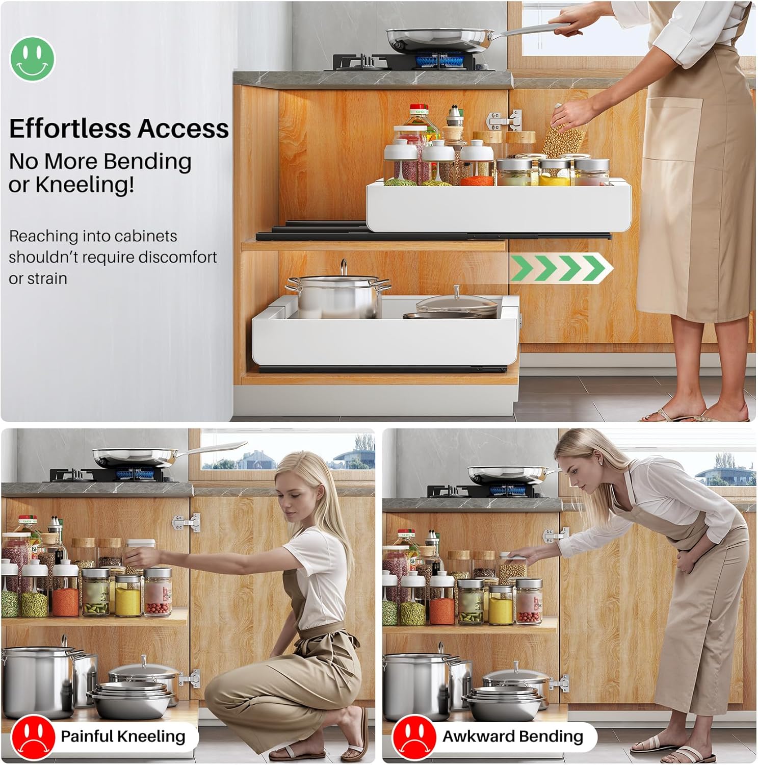 Skiennix Pull-Out Cabinet Organizer - Expandable Heavy-Duty Slide-Out Drawers (12"-20") for Kitchen & Bathroom Storage
