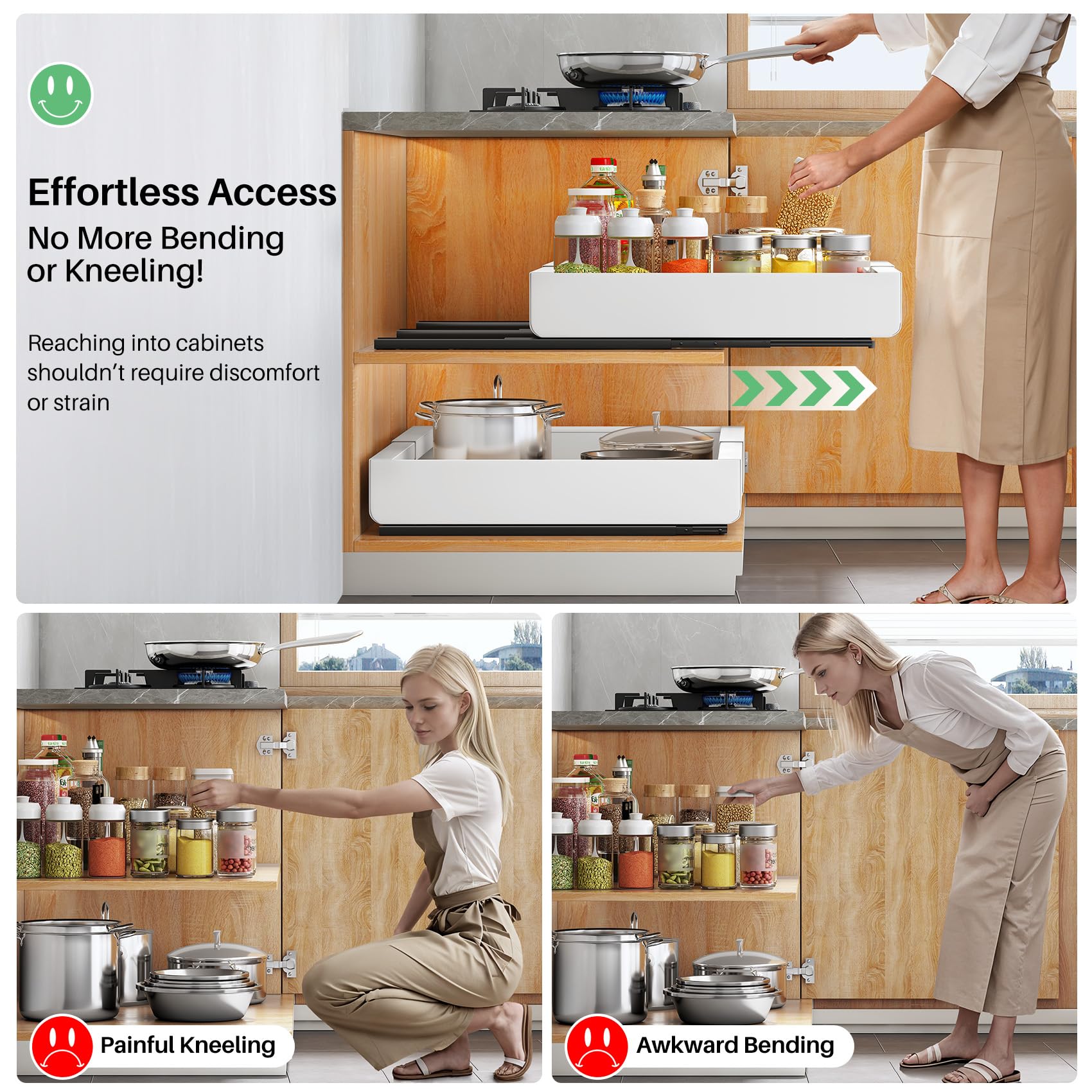 Pull out Cabinet Organizer, Wider Expandable(14"-24") Heavy Duty Slide out Drawers Fixed with Adhesive Nano Film for Pots, Roll out Shelf Storage for Kitchen Cabinet Organization(White-1pc)(3 Rails)