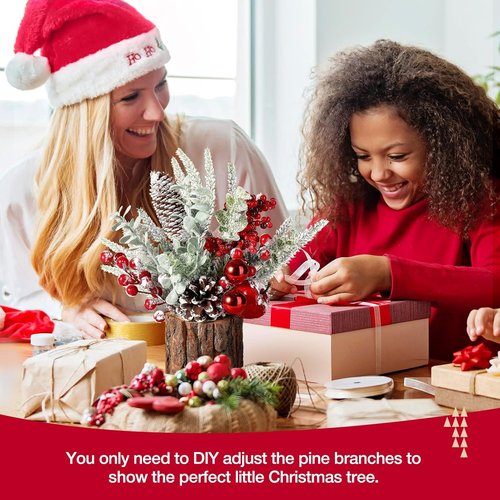 Hatisan Small Christmas Tree - Tabletop Artificial Pine Cone & Berry Decor | 2 Pack Red-Round for Holiday Cheer