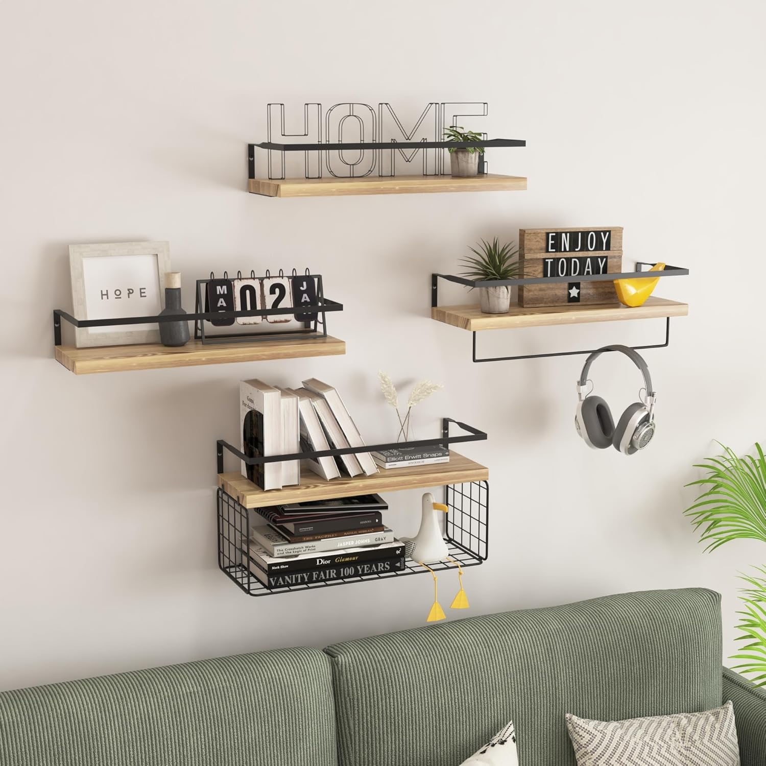 Wood Floating Shelves - Rustic Wall-Mounted 4-Tier Bathroom Shelves with Wire Basket & Towel Bar