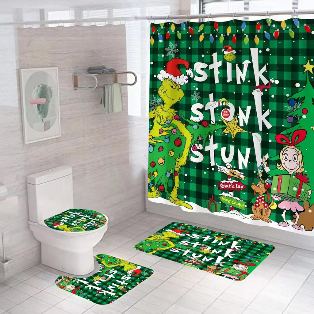 4 Pcs Christmas Shower Curtain Sets with Non-Slip Rugs, Toilet Lid Cover and Non-Slip U Shape Bath Mat, Christmas Bathroom Decor with 12 Hooks Xmas Holiday Home Decor(Green)
