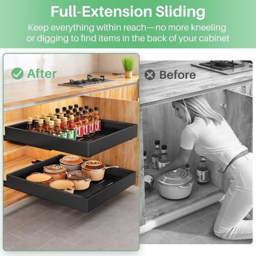 Kitstorack 2Pack Pull out Cabinet Organizer, 21" Deep, Heavy Duty Full-extension Slide out Drawers for Kitchen Cabinet, Roll out Shelf Storage with Nano Adhesive for Pots, Bathroom, Pantry,Home,Black