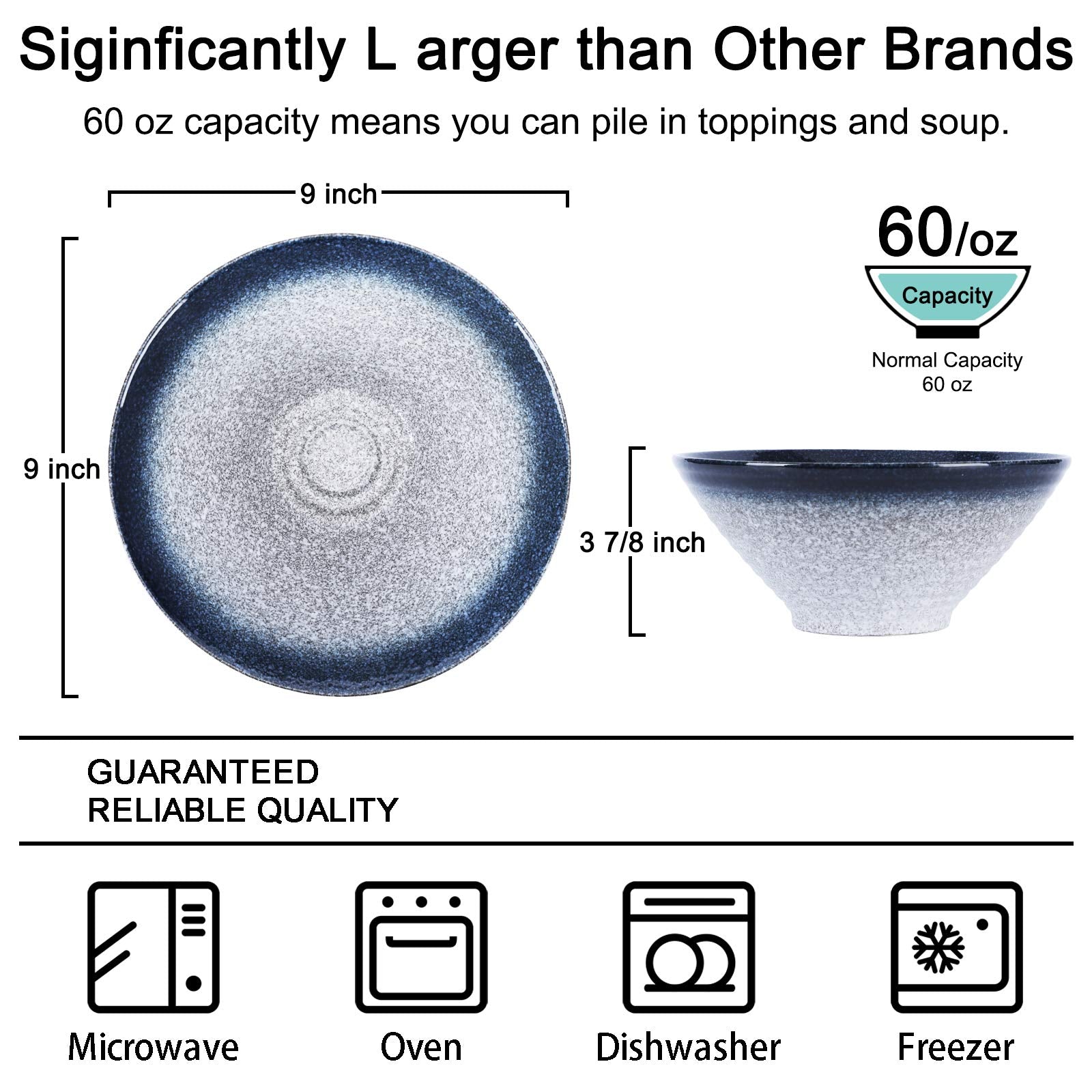 NJCHARMS Ceramic Ramen Bowl Set of 2, 60 oz Japanese Noodle Soup Bowls with Spoons and Chopsticks for Ramen Soup Pho Udon Asian Noodles, Large Noodle Bowls(Blue)