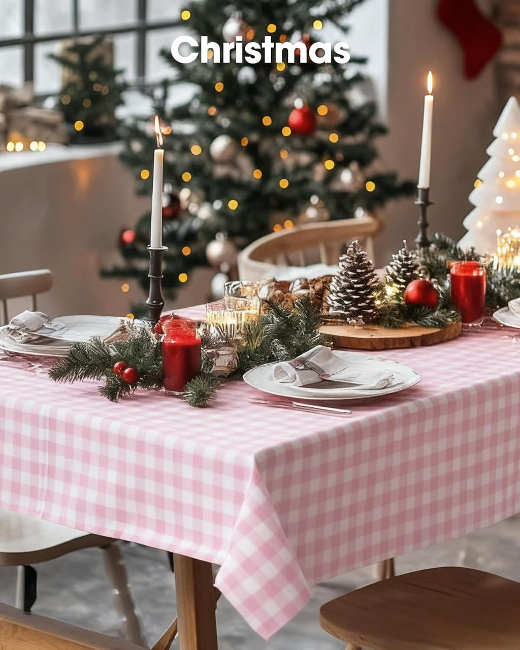 Pureegg Disposable Plastic Tablecloths - 54 x 108 Inch, Pink Gingham Design, Sturdy & Leakproof, 8 Pack