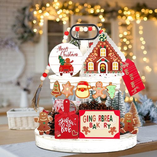 Bucherry Christmas Gingerbread Tiered Tray Decor - 12-Piece Wooden 3D Signs for Rustic Home Centerpiece