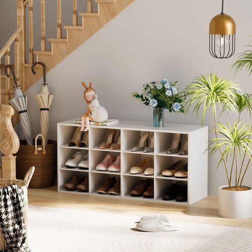Garden 4 you Shoe Storage Bench, Cubby Shoe Rack with 12 Cubbies, 3-Tier Wood Shoe Rack Organizer, Shoe Organizer Cabinet for Entryway, Hallway, Closet and Garage, White
