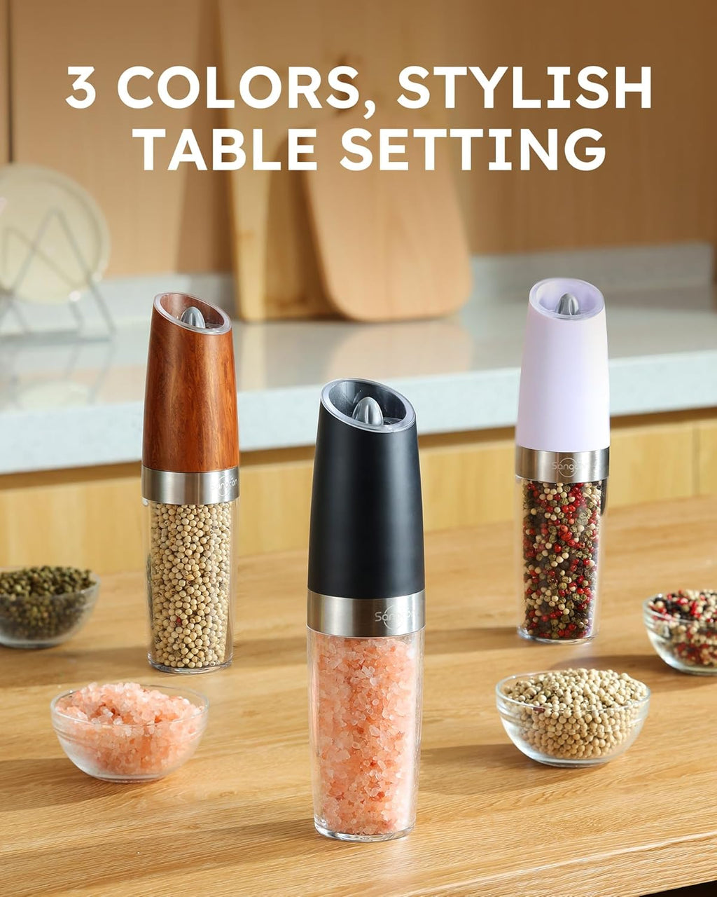 Sangcon Electric Salt and Pepper Grinder Set - Upgraded 9oz XL Capacity, Battery Powered, One-Hand Operation