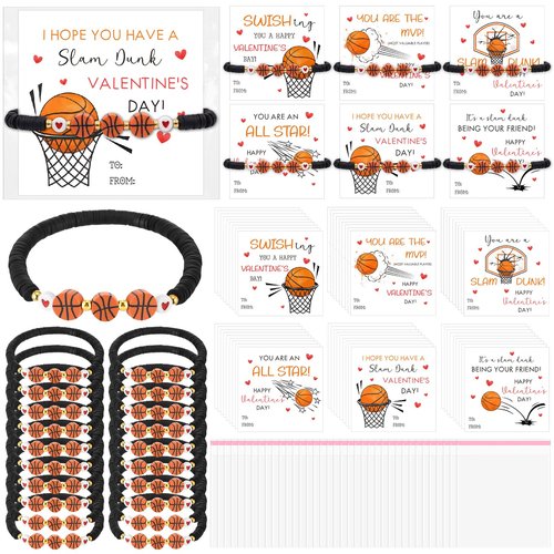 Hinly 36 Set Valentine's Day Basketball Gift for Team Basketball Bead Bracelets with Valentine's Day Cards Novelty Exchange Gifts Sports Party Favors for Team Lovers Players