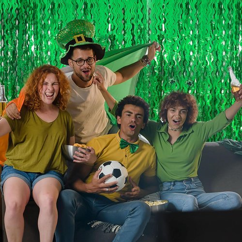 Green Tinsel Foil Fringe Curtains - Wavy Backdrop for Parties & Photo Booths | Metallic Streamers