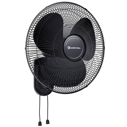 Comfort Zone 16-Inch Oscillating Wall Mount Fan – Quiet 3-Speed Indoor Fan with 60° Adjustable Tilt, Pull-Chain Control & Durable Metal Grille – Space-Saving Cooling for Home, Office, & Greenhouse