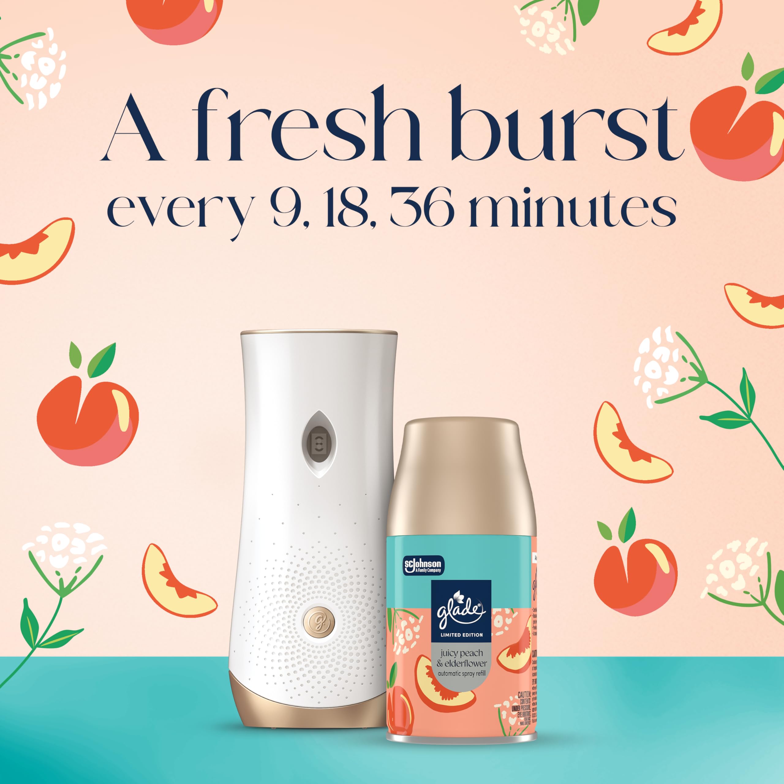 Glade Automatic Spray Refill, Juicy Peach & Elderflower, Scented Air Freshener for Home and Bathroom, 6.2 Oz, 2 Count