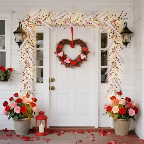 DR.DUDU Valentines Garland, 6 FT Lighted Garlands for Mantle with Heart Lights Pink Feather Red Berry, Pre-lit Valentine Decorations for Fireplace Indoor Outdoor Home Table Party Wedding