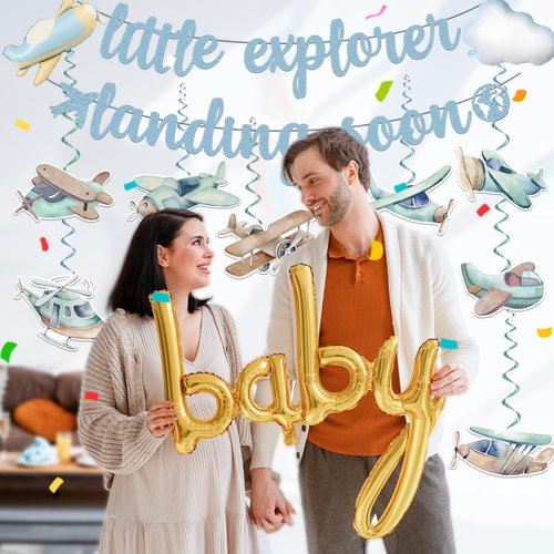 185 Pcs Airplane Baby Shower Decorations Tableware Set Serves 25, Baby Boy Shower Decorations Include Banner, Plates, Tablecloth and Cupcake Toppers, Suitable for Airplane Party
