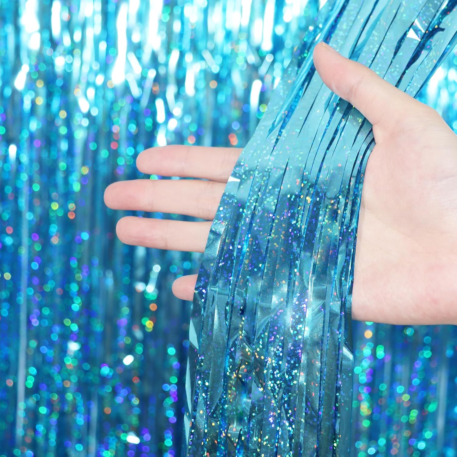 Voircoloria Foil Fringe Backdrop Curtains - 3.3 x 6.6 Ft Tinsel Streamers for Parties | Light Blue