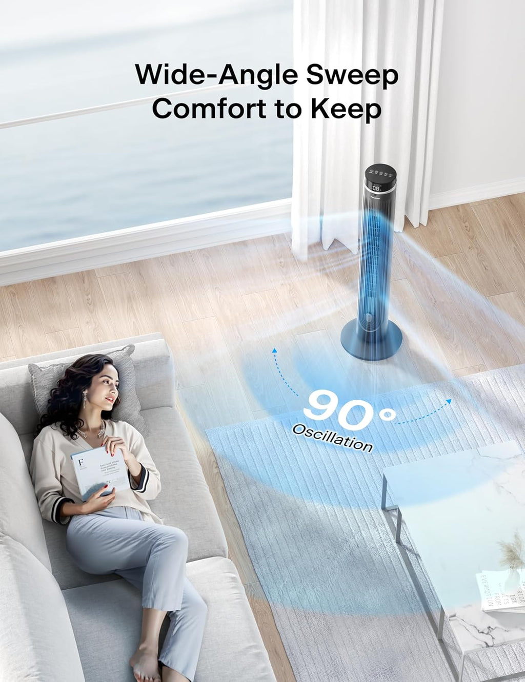 Pelonis 42-Inch Tower Fan - Quiet 90° Oscillation, 5 Speeds, Remote Control & Eco Mode | 12H Timer, LED Display