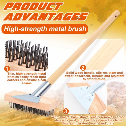 Kritkin 1 Pcs Stainless Steel Grill Brushes, Commercial Grill Scraper with 30'' Long Wooden Handle Oven Charbroiler Cleaning Brush for Outdoor Kitchens BBQ Restaurants