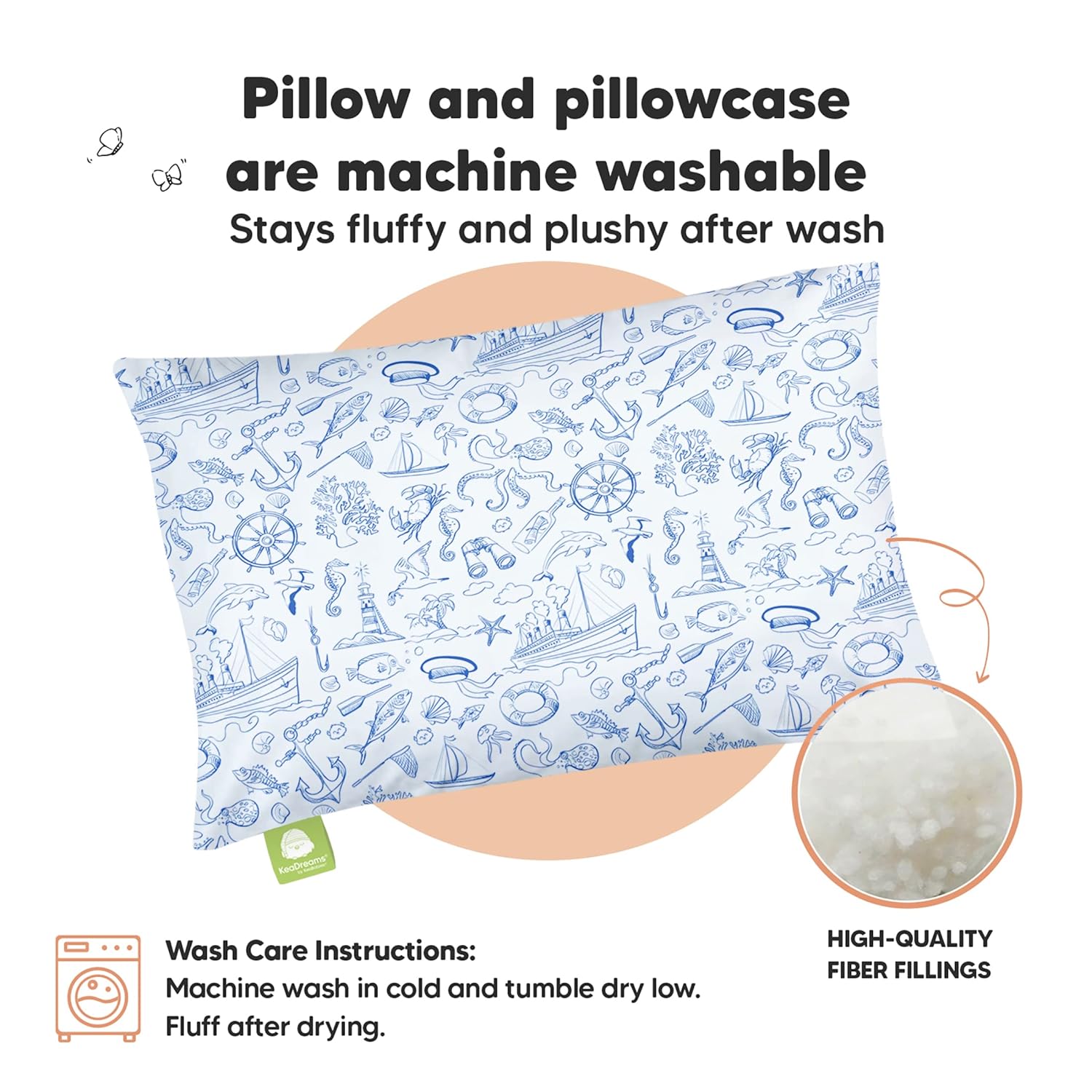 My Little Dreamy Toddler Pillow - Organic Cotton Travel Bed Pillow with Case, Soft & Breathable | 13x18 Inches, Nautical Design for Ages 2-5