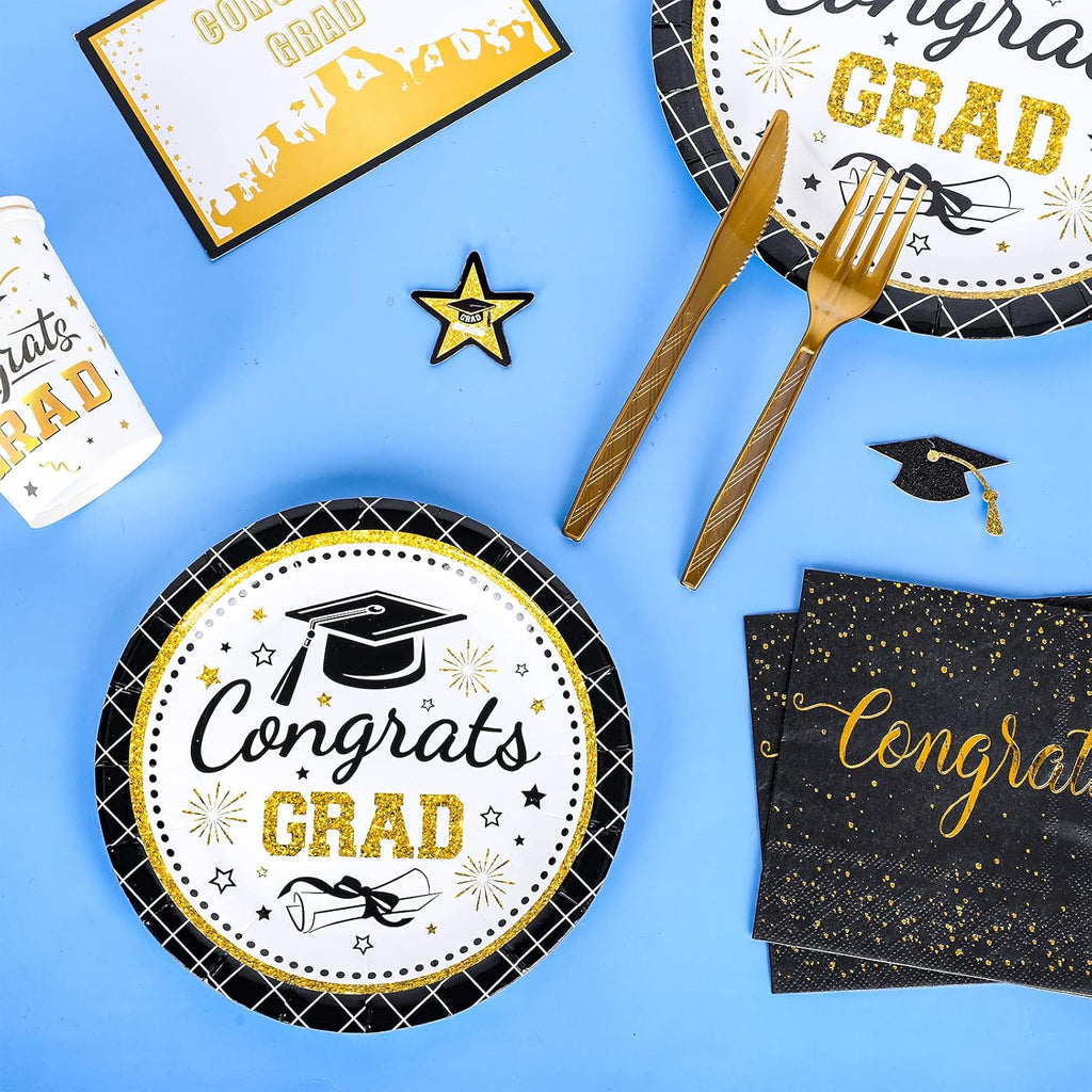 Whaline Graduation Party Supplies - 175Pcs Disposable Tableware Set for 25 Guests | Plates, Napkins, Cups, Cutlery