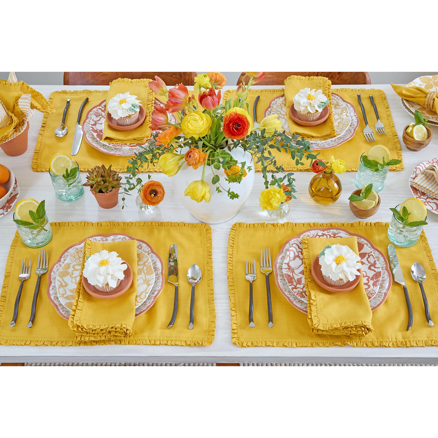 Solino Home Mustard Yellow Linen Dinner Napkins 20 x 20 Inch - 100% Pure Linen Juliette Ruffle Cloth Napkins Set of 4 for Spring, Summer, Mothers Day - Handcrafted and Machine Washable