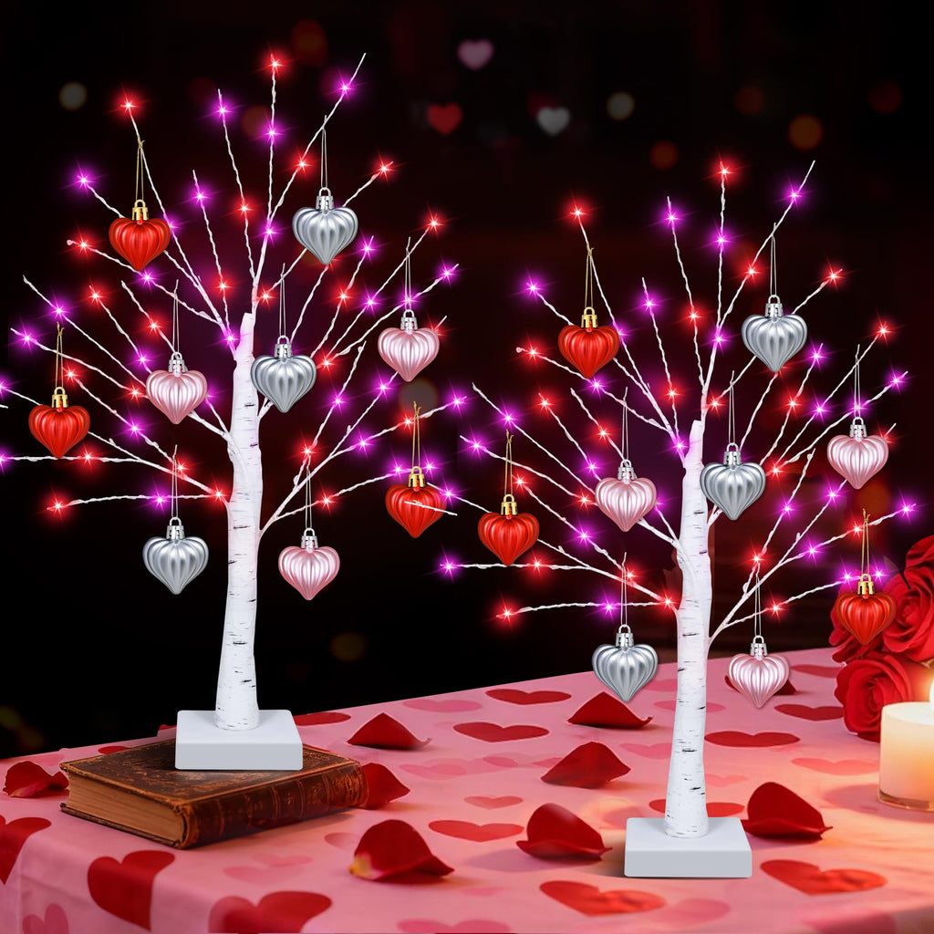 [Timer] Valentines Day Decorations Indoor 2 Pack 24 Inch Valentines Tree with 65 Red & Pink Lights 18 Hearts, USB & Battery Operated Valentines Decor, Valentines Day Decorations for Home Table Bedroom