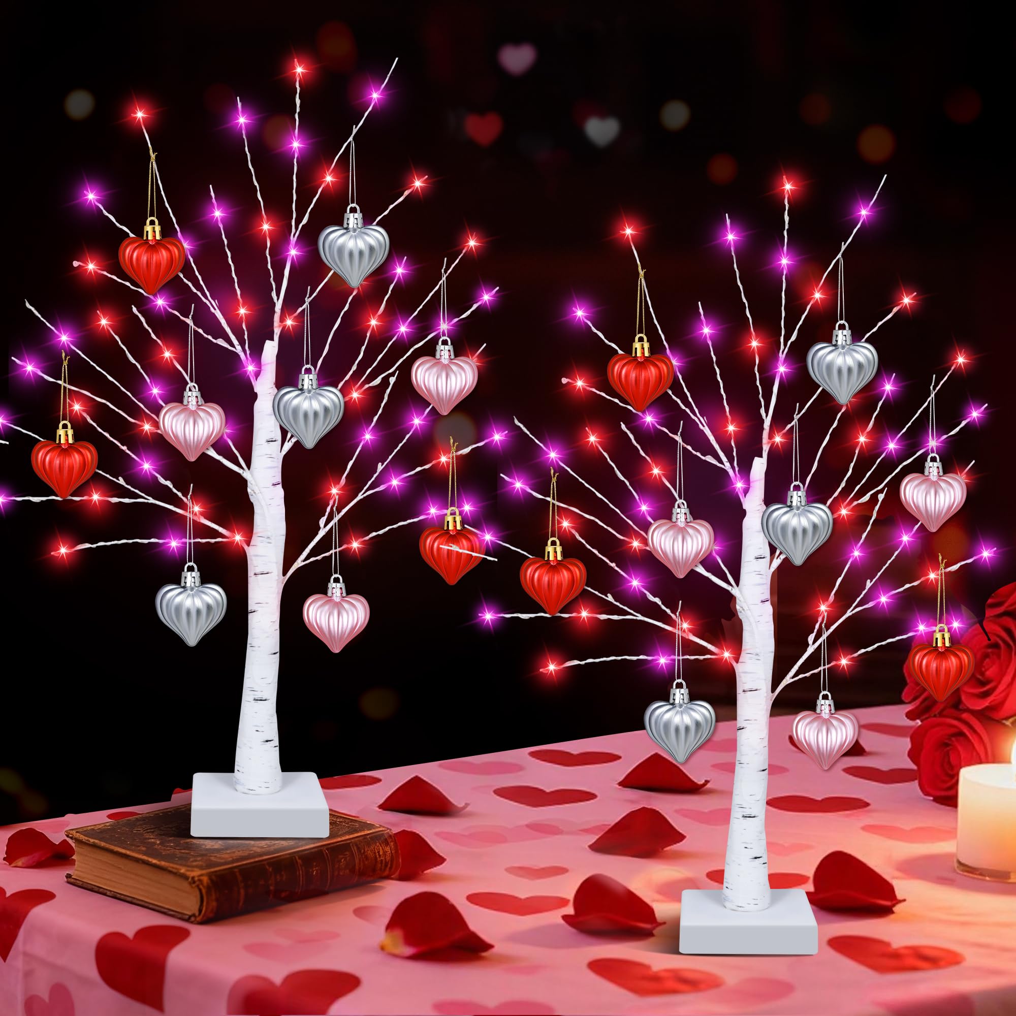 [Timer] Valentines Day Decorations Indoor 2 Pack 24 Inch Valentines Tree with 65 Red & Pink Lights 18 Hearts, USB & Battery Operated Valentines Decor, Valentines Day Decorations for Home Table Bedroom