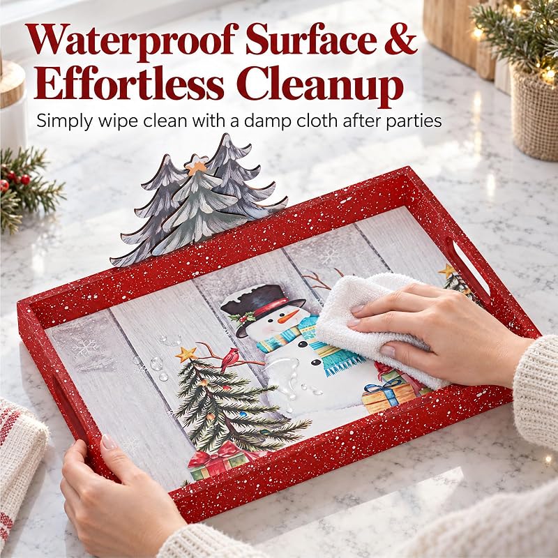 Christmas Serving Tray with Handles - 15.7 x 11.3 x 1.5 in, Red