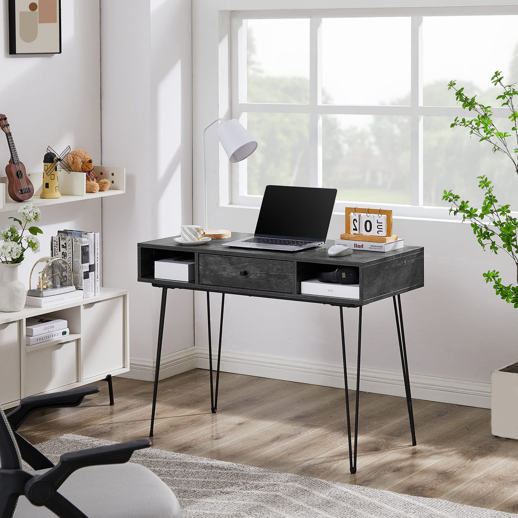 VECELO 39.3" Home Office Work Table with Drawers,Computer Desk with Hairpin Leg for Writing/Study,Charcoal Grey