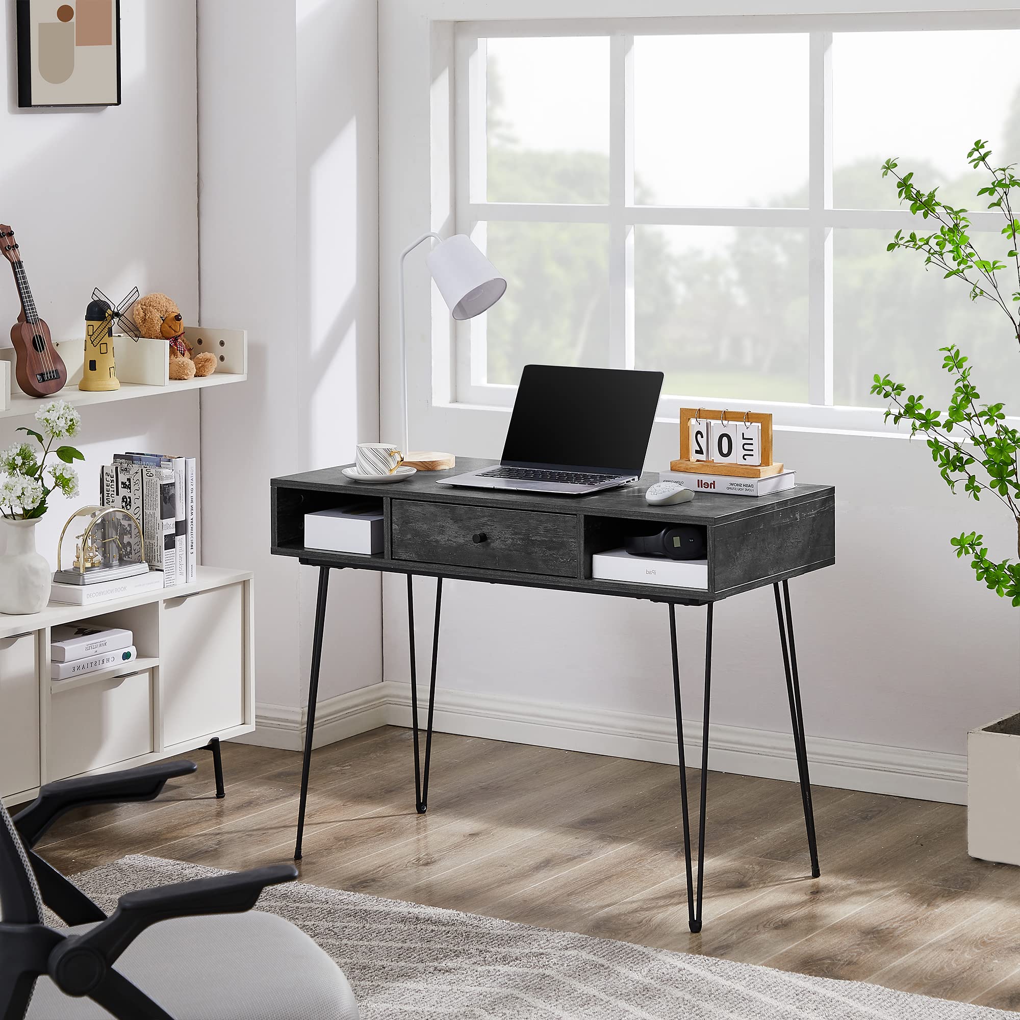 VECELO 39.3" Home Office Work Table with Drawers,Computer Desk with Hairpin Leg for Writing/Study,Charcoal Grey