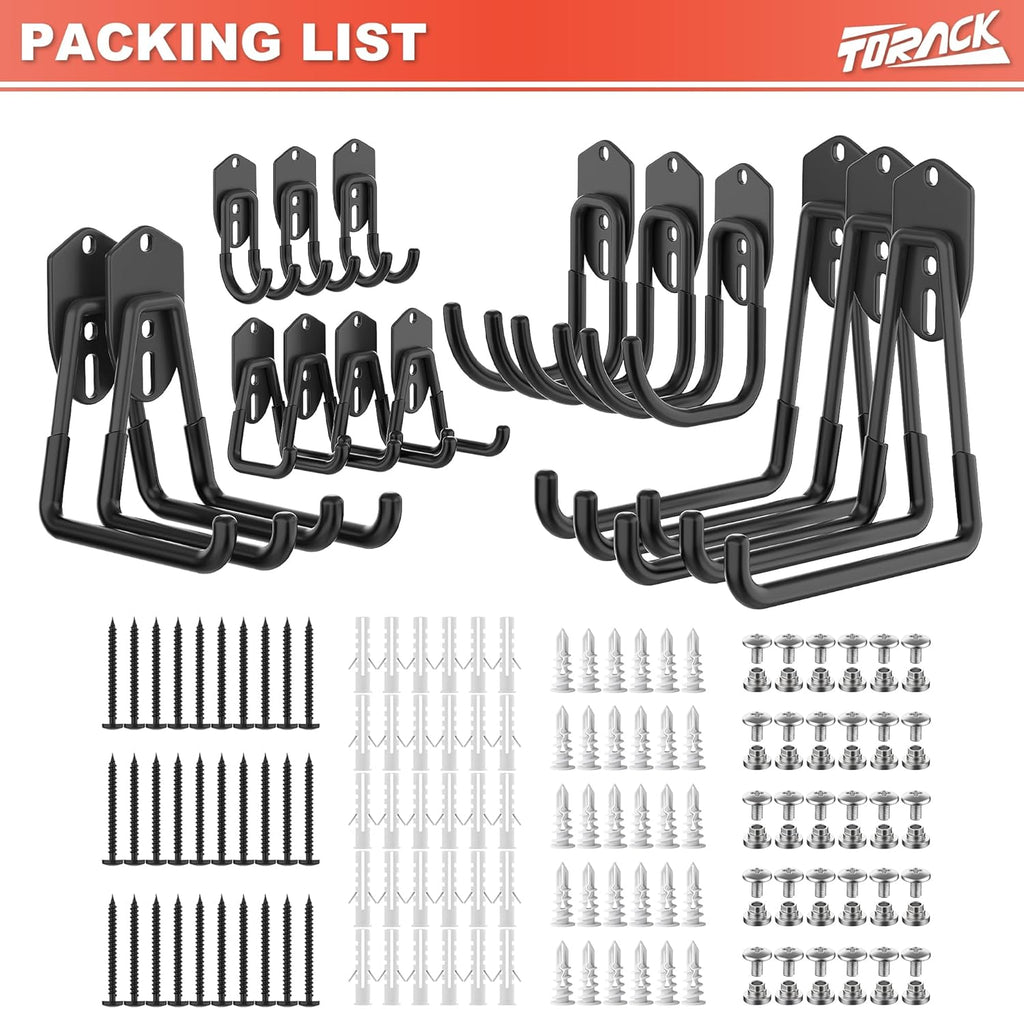 TORACK 15 PCS Garage Storage System Hooks - Wall Mount Utility Hooks for Tools, Ladders & More (Black)
