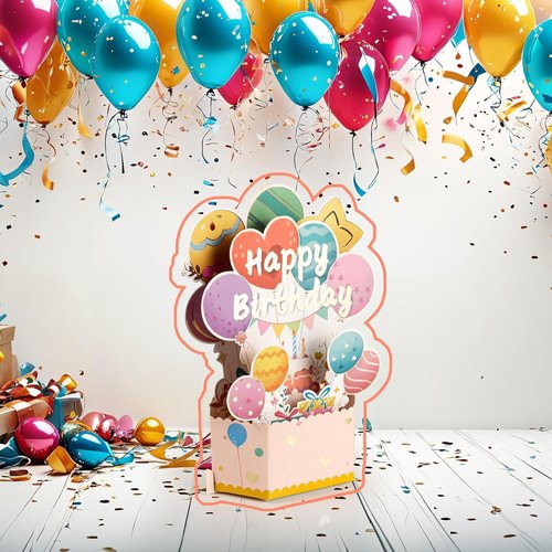 Funny Happy Birthday Pop Up Card - Unique 3D Celebration Gift Box for Family & Friends | Balloon Cake Design