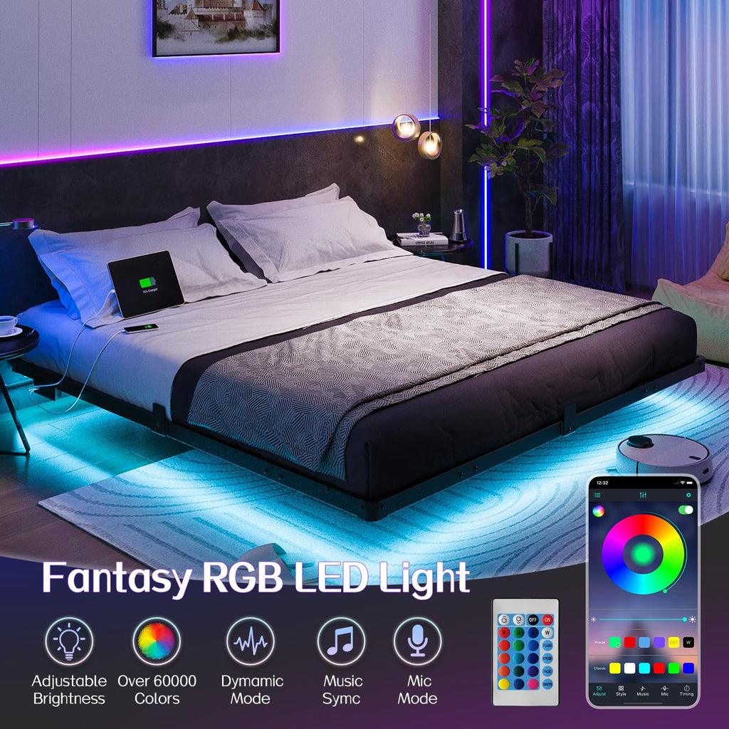 Liians King Size Floating Bed Frame with Smart LED Lights and USB Charging Station, Modern Sturdy Metal Platform, Noise Free, No Box Spring Needed Easy Assembly