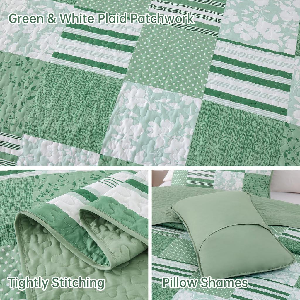 Drucon Green Patchwork Queen Quilt Bedding Set, Spring Summer Plaid Bedspreads, 3 Pieces Lightweight Soft Coverlet with 2 Pillow Shams for All Season 96x90 Inch