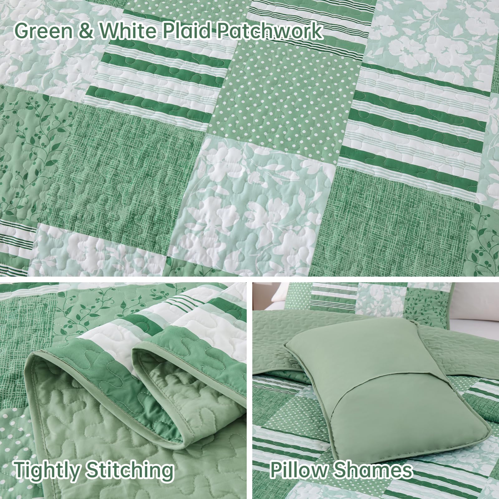 Drucon Green Patchwork Queen Quilt Bedding Set, Spring Summer Plaid Bedspreads, 3 Pieces Lightweight Soft Coverlet with 2 Pillow Shams for All Season 96x90 Inch