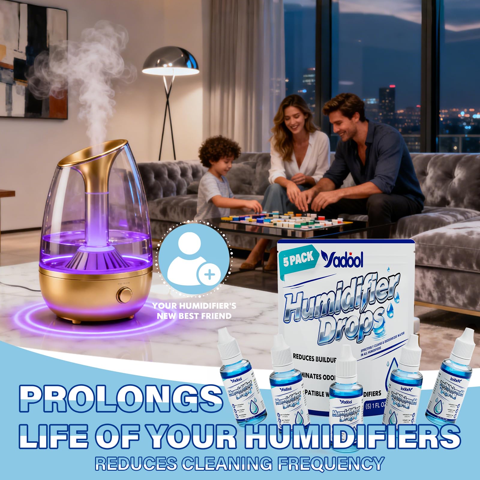 Yadool [5 Pack] Humidifier Cleaner Drops, Humidifier Water Treatment Cleaning Solution for All Makes & Models - Slows Buildup & Scaling - Deeply Cleans & Deodorizes Water - 500+ Day Supply