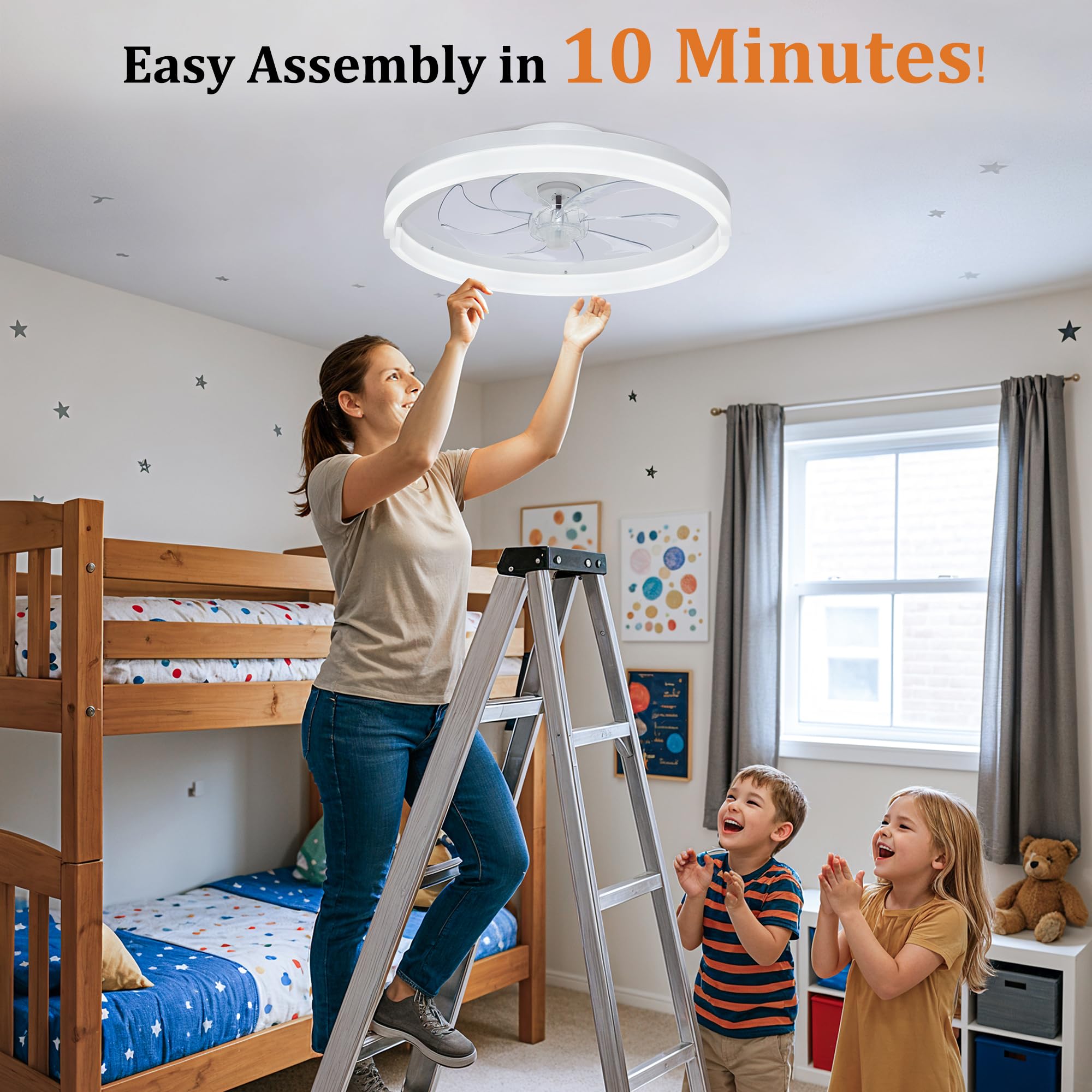 Qewoce Ceiling Fans with Lights and Remote, 19" Flush Mount Low Profile Ceiling Fan, 3-Color Dimmable LED Fandelier, 6-Speed Reversible Ceiling Fan for Living Room, Bedroom & Kids Room (F002, White)