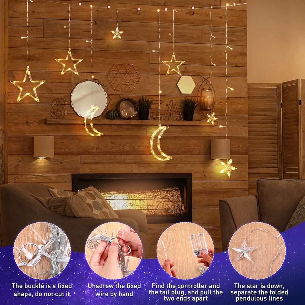 Riakrum LED Star and Moon String Lights - 11.48 ft Warm White Fairy Lights for Bedroom | Waterproof Decor