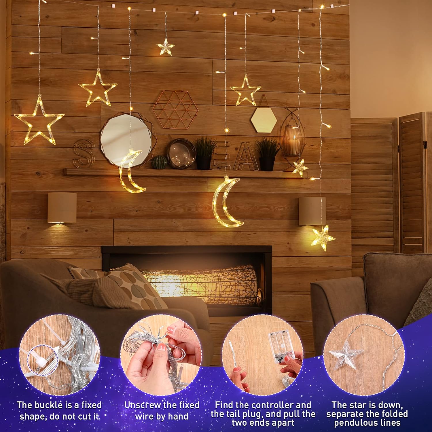 Riakrum LED Star and Moon String Lights - 11.48 ft Warm White Fairy Lights for Bedroom | Waterproof Decor