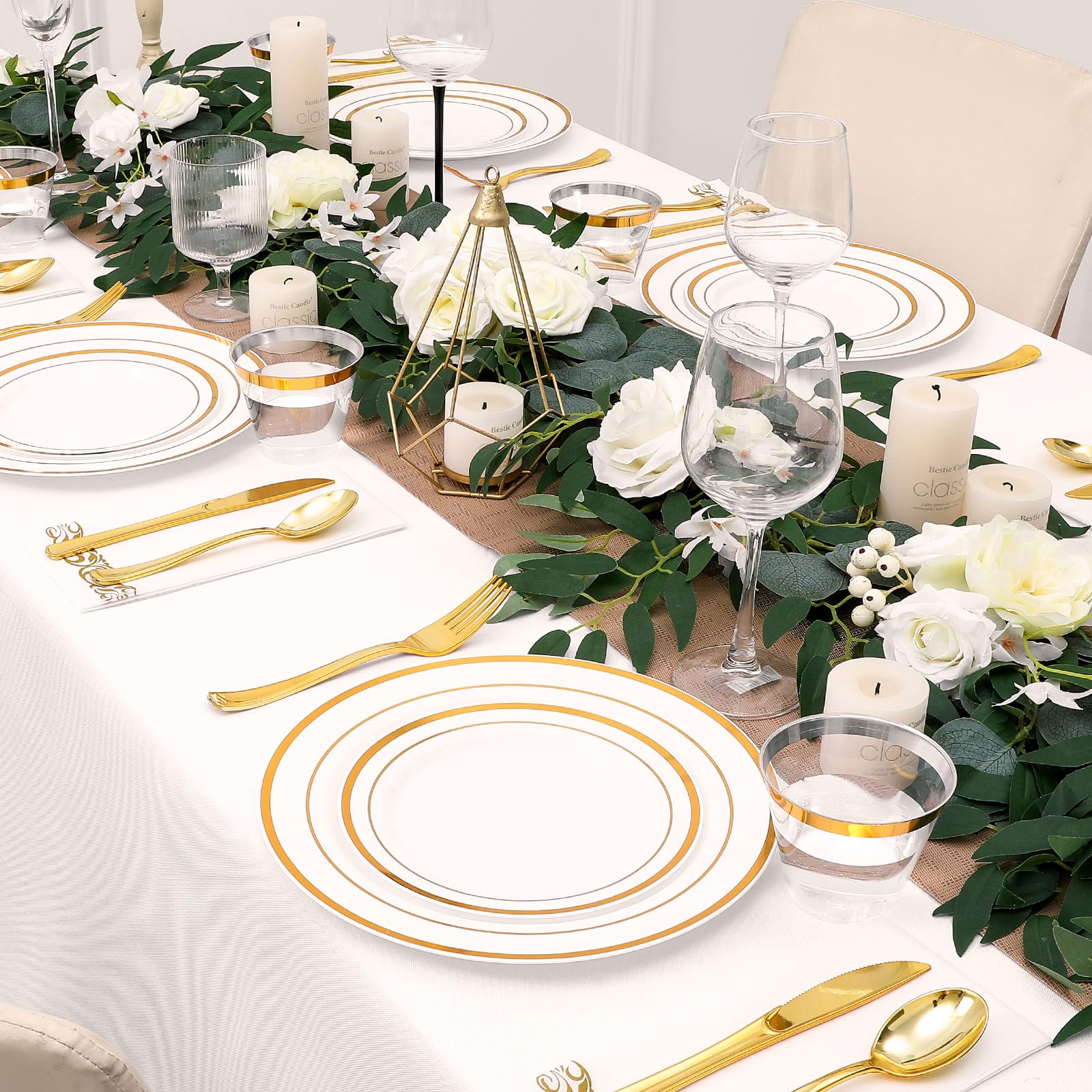 VajilaPhil 350-Piece Gold Rim Plastic Dinnerware Set for 50 Guests, Elegant Disposable Dinnerware for Party, Wedding. Includes Dinner Plates, Dessert Plates, Gold Silverware, Napkins, Cups